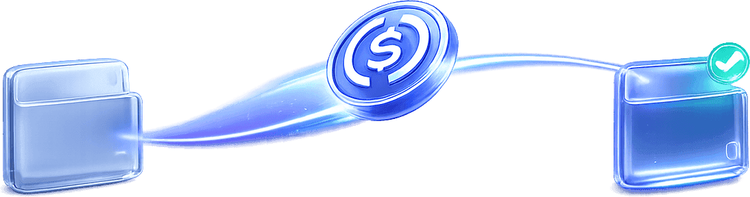 USDC coin transferring between two glass wallets with an emerald checkmark