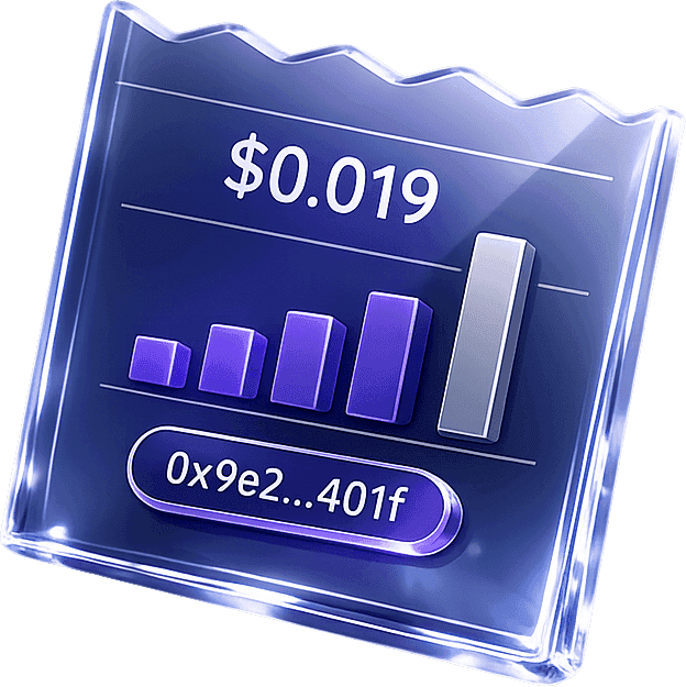 Glass receipt card showing $0.019 cost, mini bar chart, and abbreviated tx hash