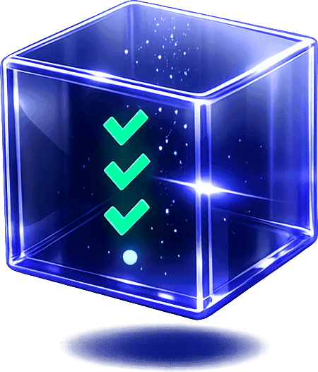 Translucent glass cube containing emerald checkmarks for passing tests